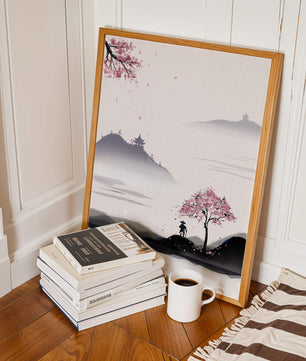 Paisaje sereno con árbol de cerezo y pagodas distantes