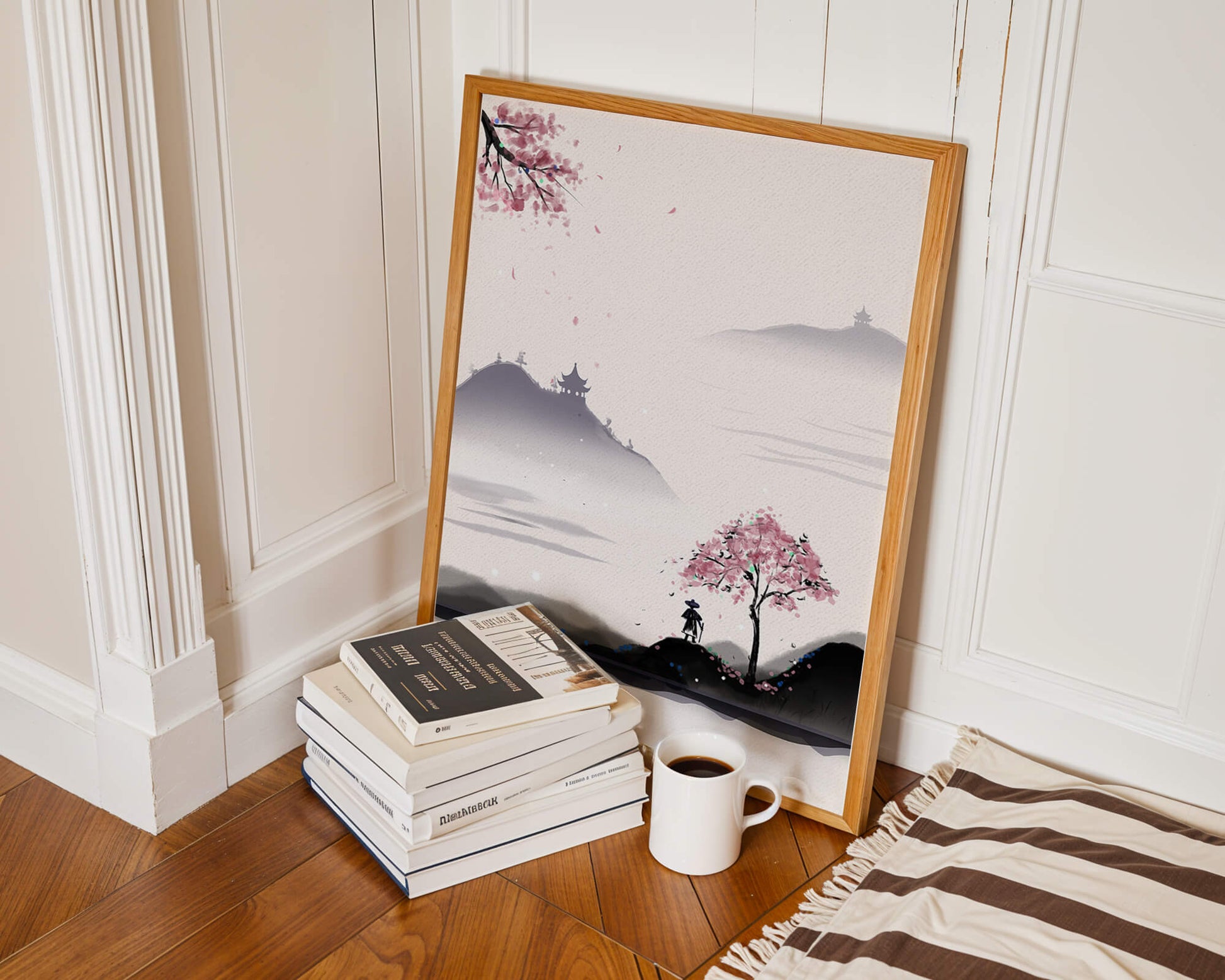 Paisaje sereno con árbol de cerezo y pagodas distantes