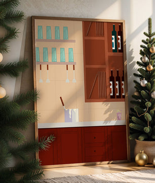 Interior de cocina moderna con gabinetes de madera y estantes de vidrio