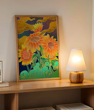 Vibrant sunflowers with intricate background patterns