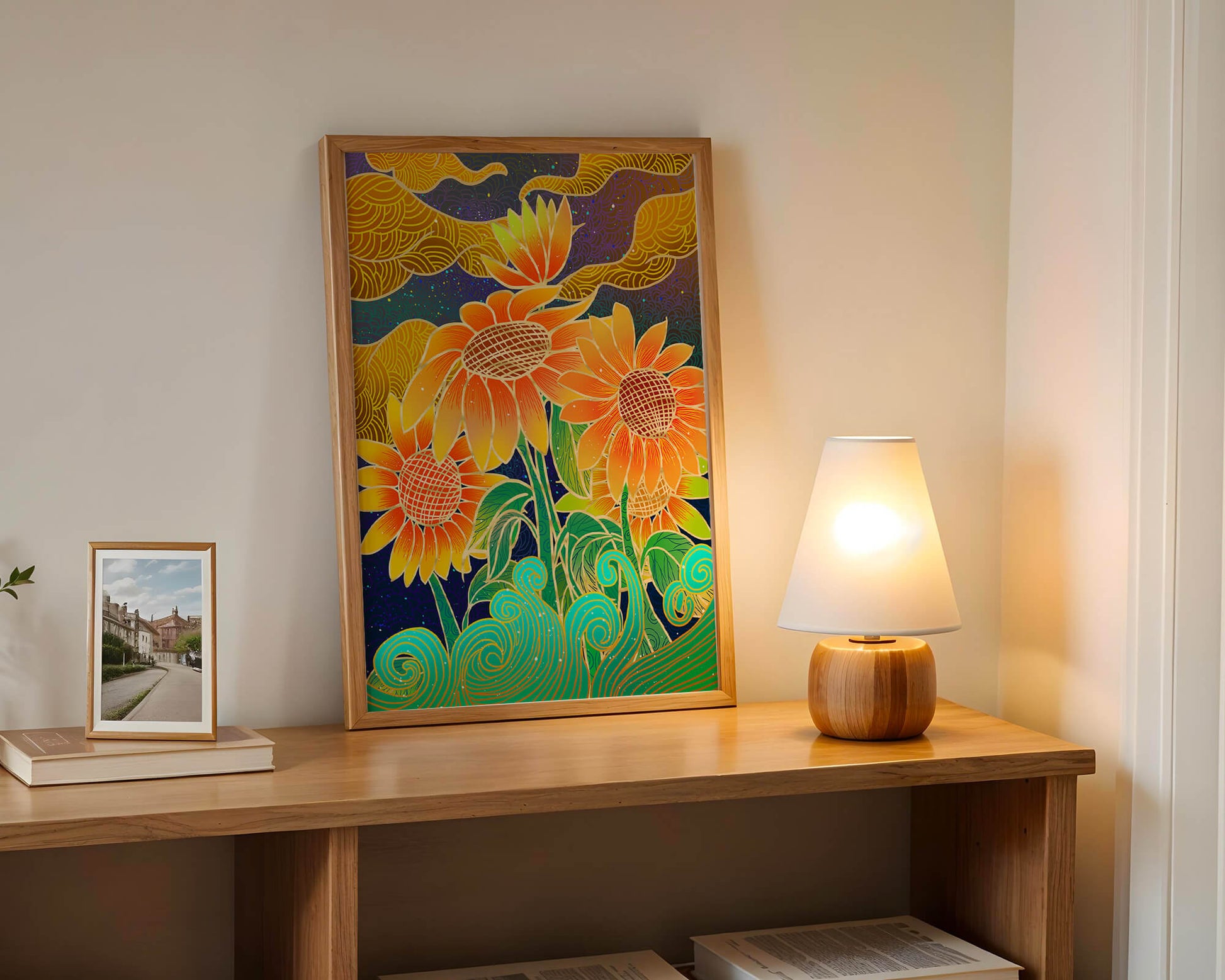 Vibrant sunflowers with intricate background patterns