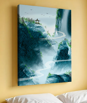 Serene mountain landscape with a pavilion and waterfall