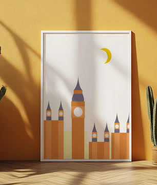 Ilustración minimalista de un icónico reloj con luna creciente
