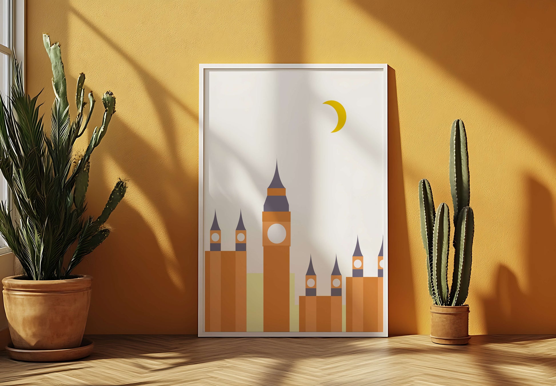 Minimalist illustration of iconic clock tower with crescent moon