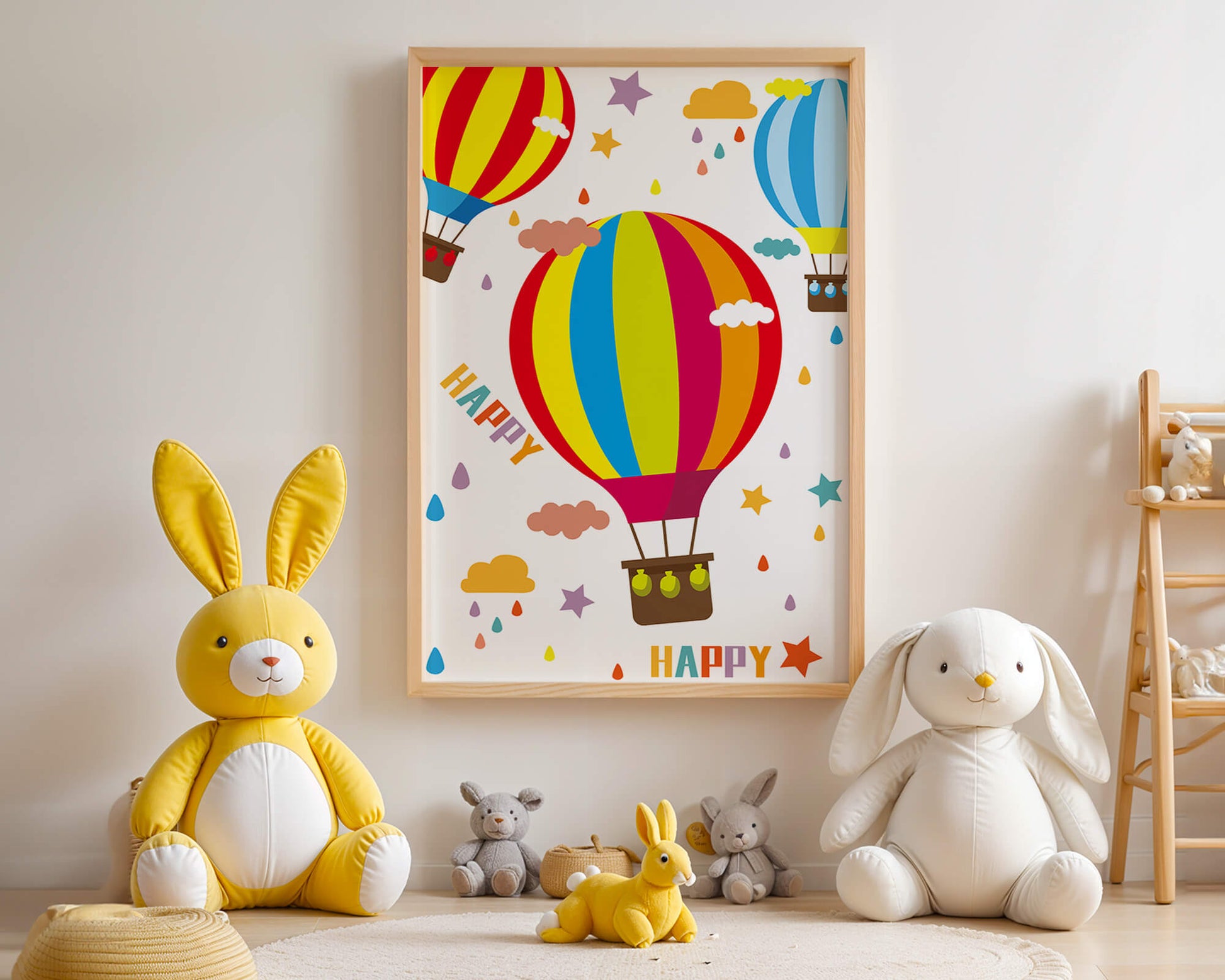Colorful hot air balloons and happy clouds illustration