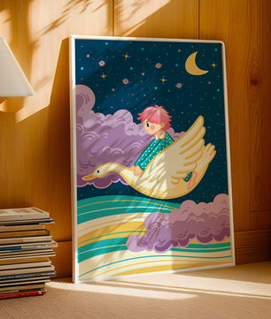Child flying on a goose through a magical night sky illustration