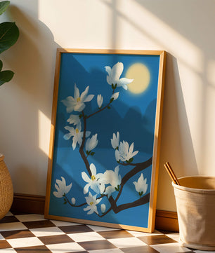 White magnolia branch under moonlight with blue background