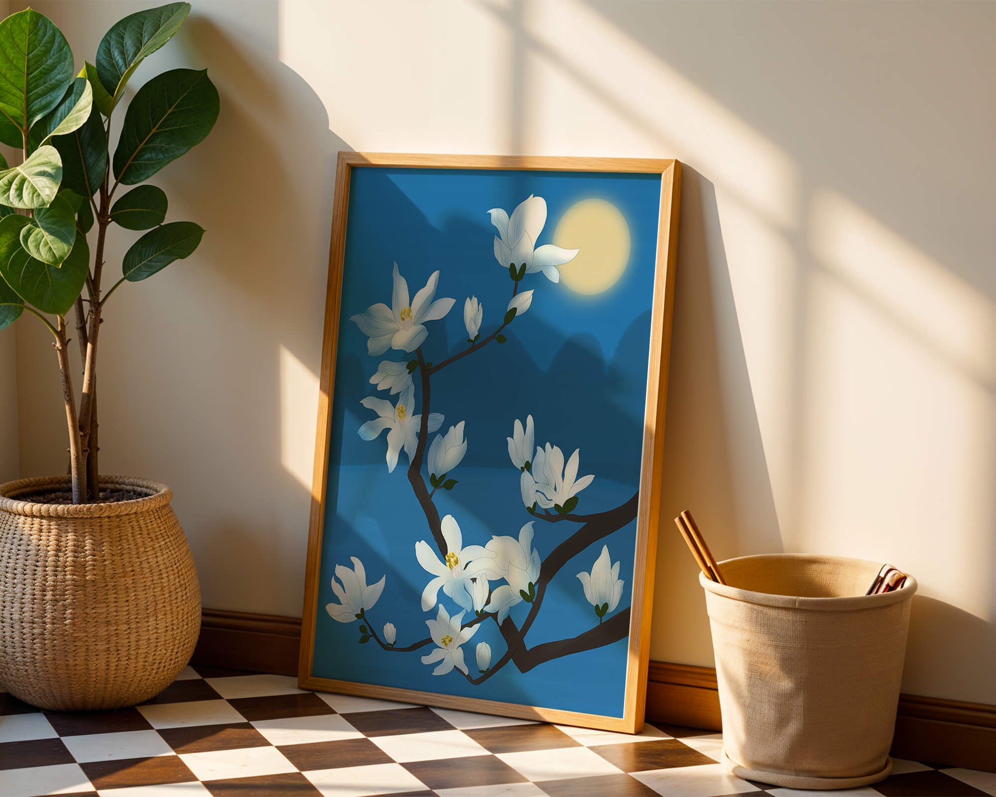 White magnolia branch under moonlight with blue background
