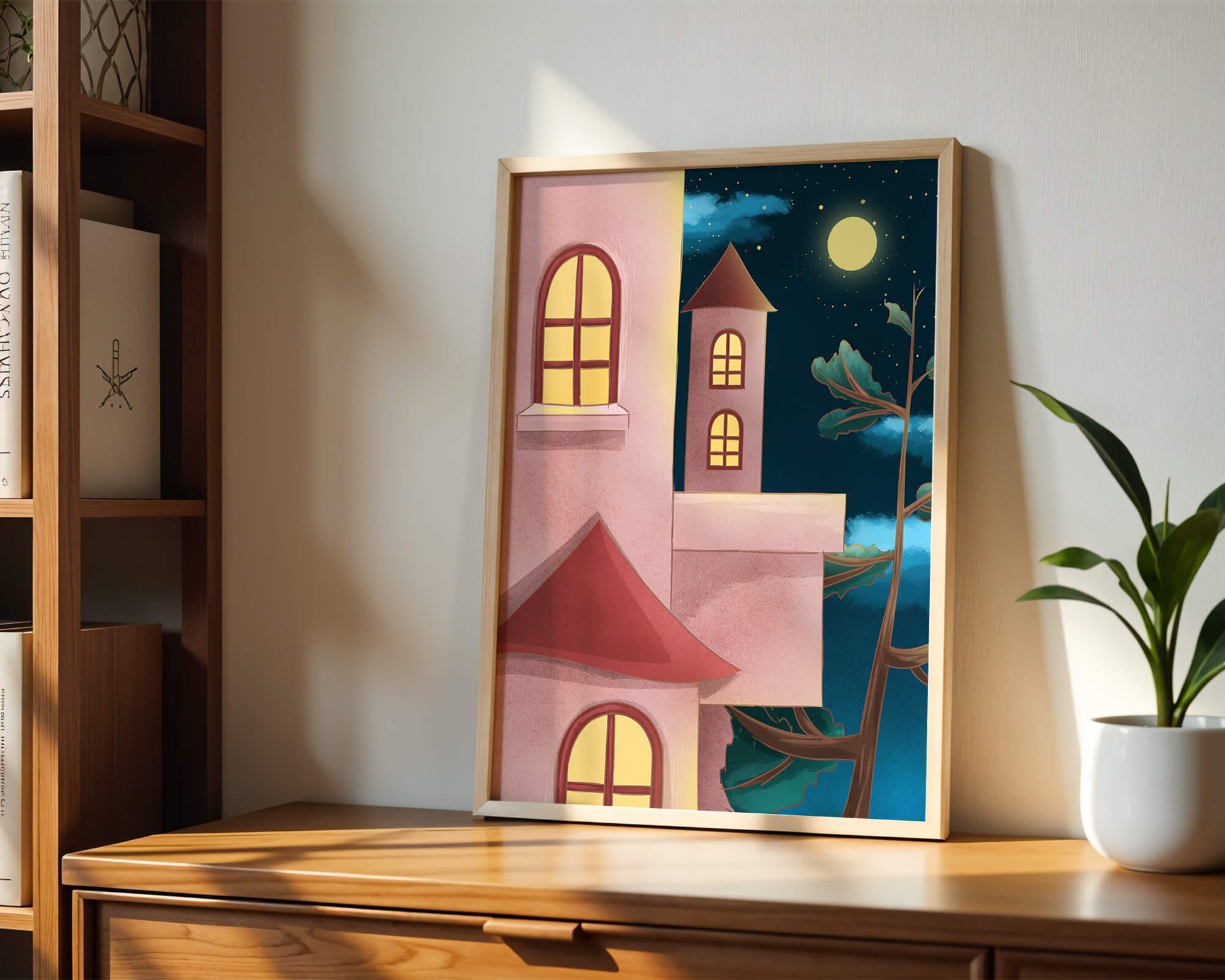 Castle with Arched Windows under Moonlit Sky