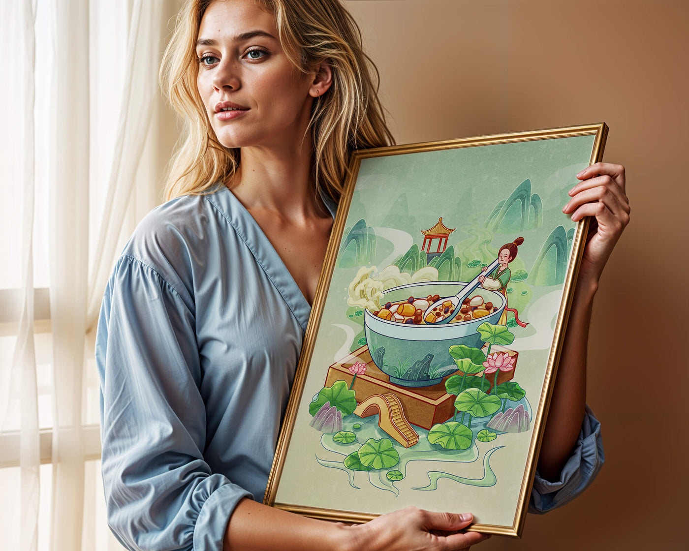 Illustration of a traditional Asian scene with large bowl and serene landscape