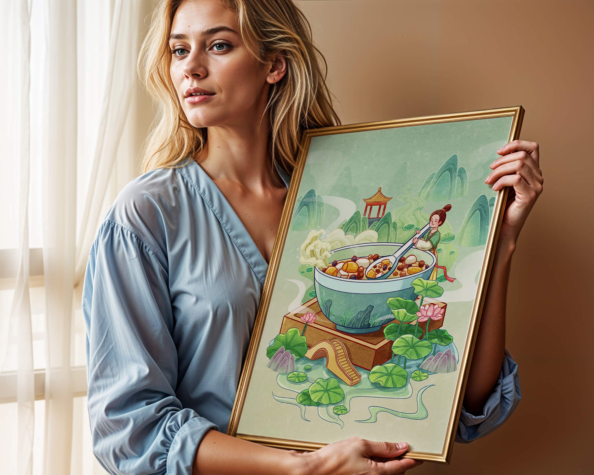Illustration of a traditional Asian scene with large bowl and serene landscape