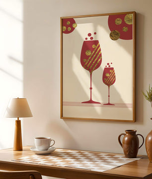 Stylish wine glasses with gold accents and a festive theme