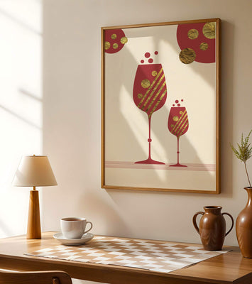 Stylish wine glasses with gold accents and a festive theme