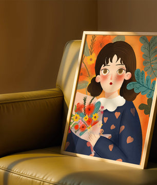 Ilustración colorida de una chica con flores rodeada de un fondo floral vibrante