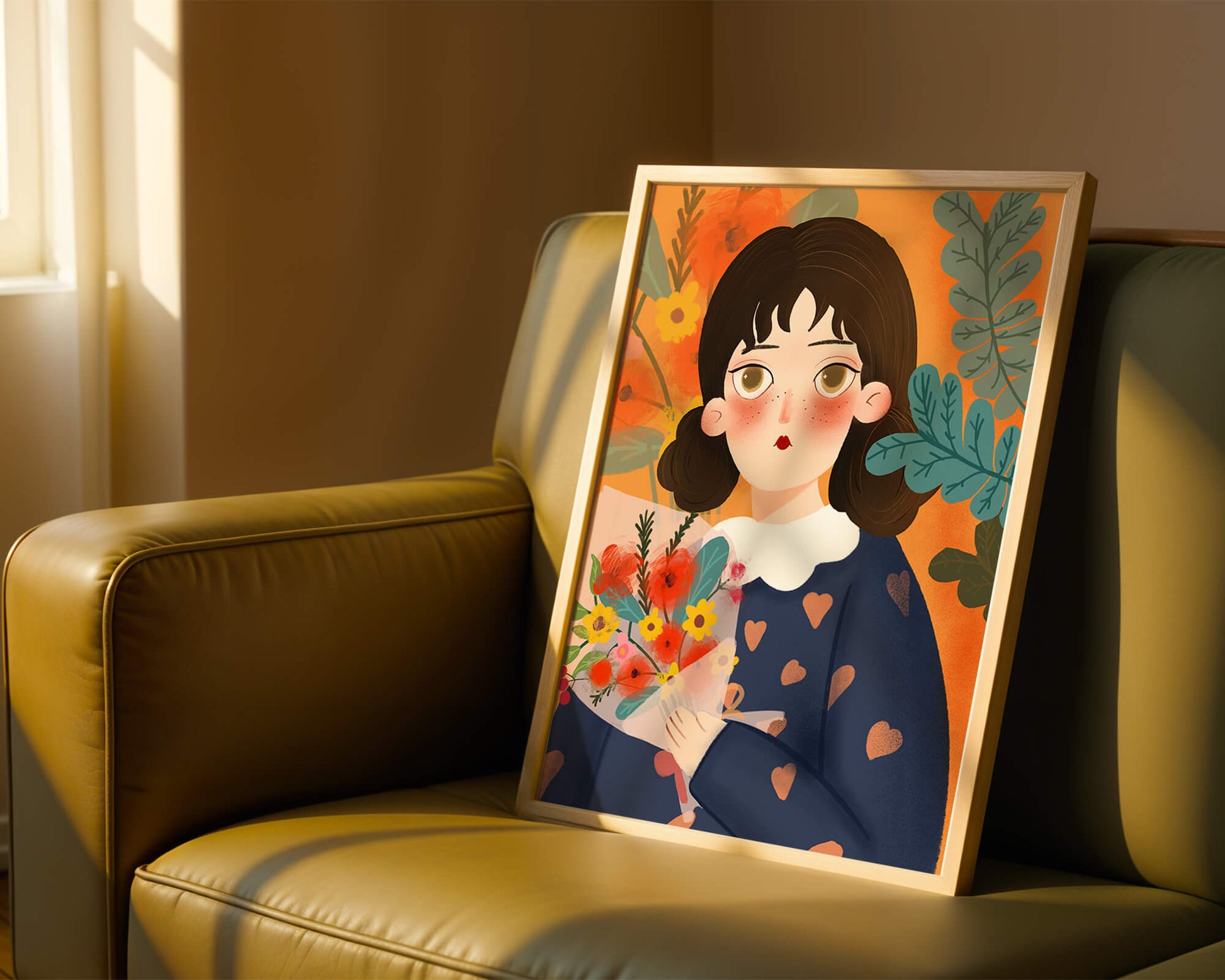 Ilustración colorida de una niña con flores rodeada de un fondo floral vibrante.