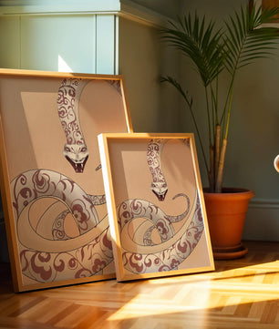 Elegant coiled snake with floral patterns in an artistic composition