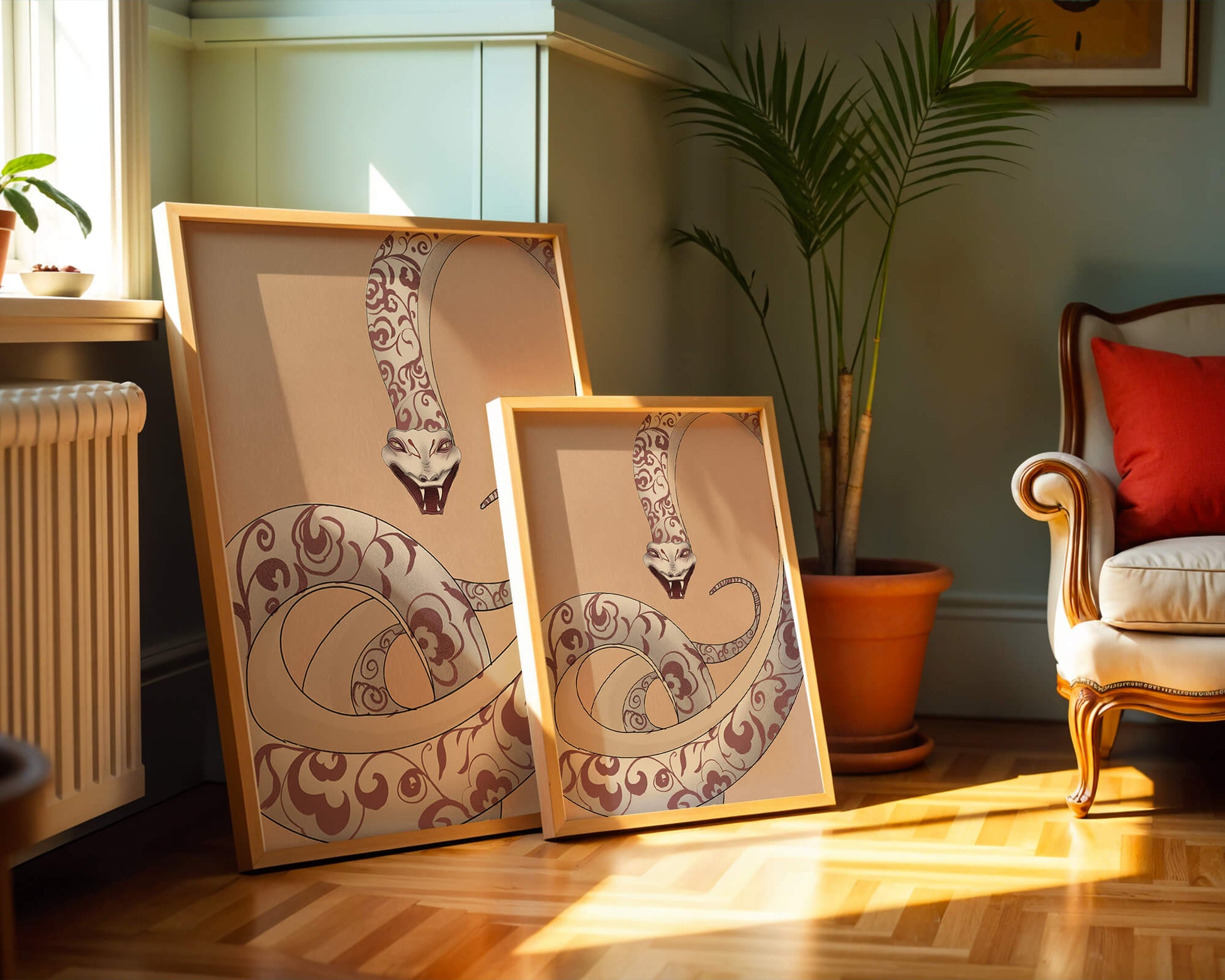 Elegant coiled snake with floral patterns in an artistic composition
