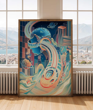 Futuristische Illustration mit VR-Thema und technologischen Elementen