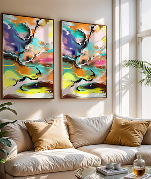 Pintura abstracta colorida con líneas vibrantes y dinámicas
