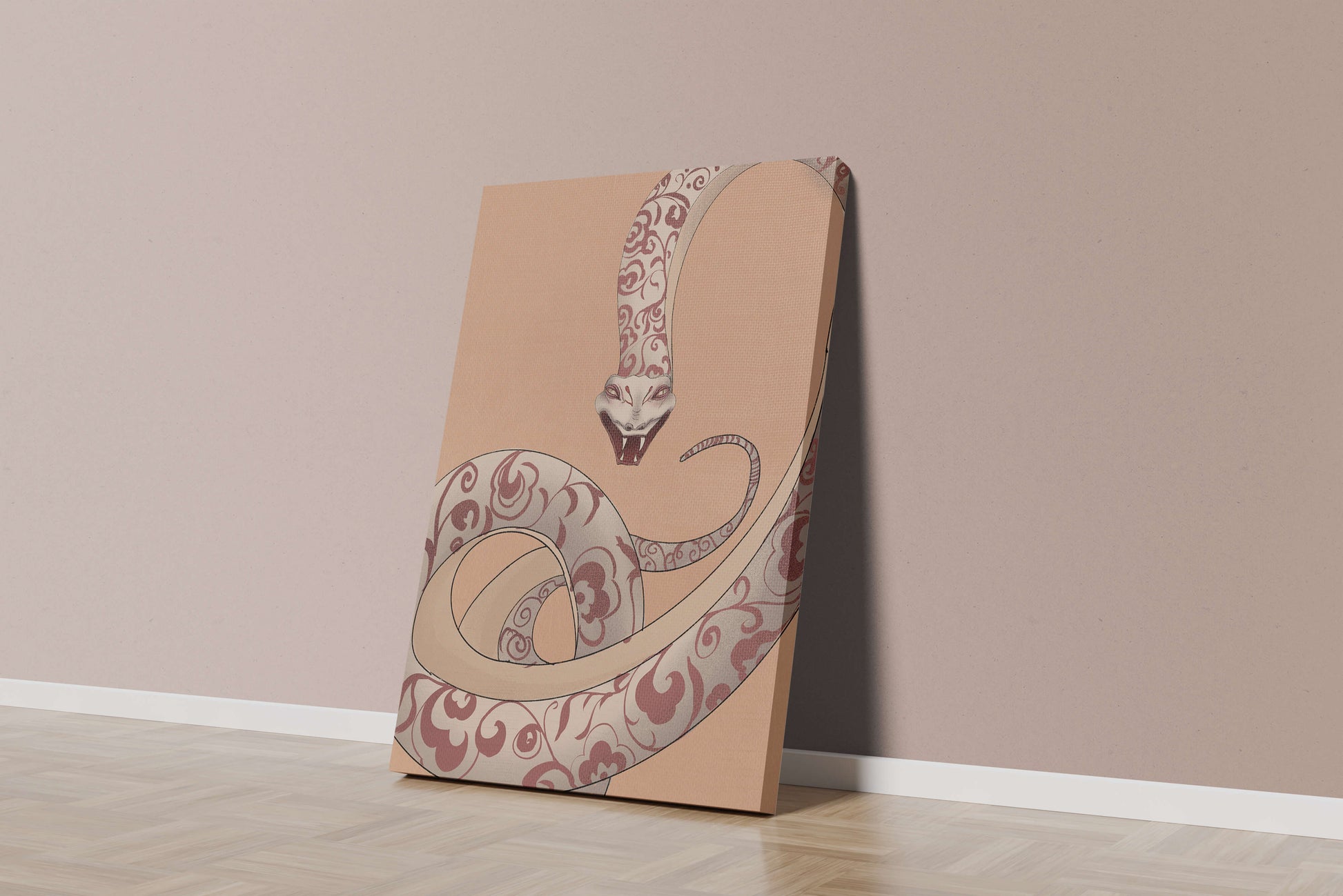 Elegant coiled snake with floral patterns in an artistic composition