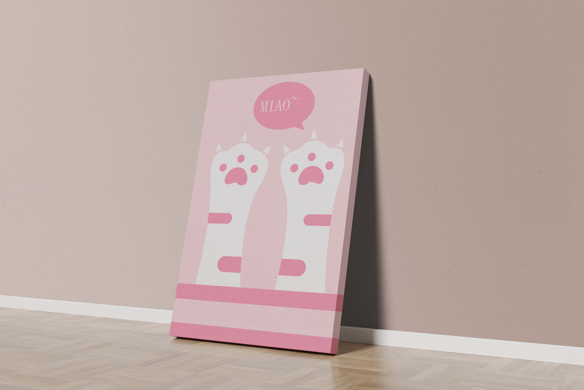 Playful cat paws illustration with speech bubble saying "Miao"
