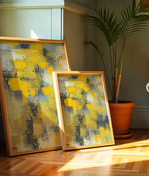 Abstract Yellow and Gray Geometric Art with Textured Patterns - Mi tienda