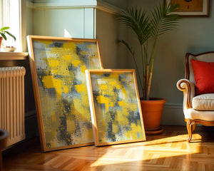 Abstract Yellow and Gray Geometric Art with Textured Patterns - Mi tienda