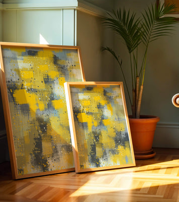 Abstract Yellow and Gray Geometric Art with Textured Patterns