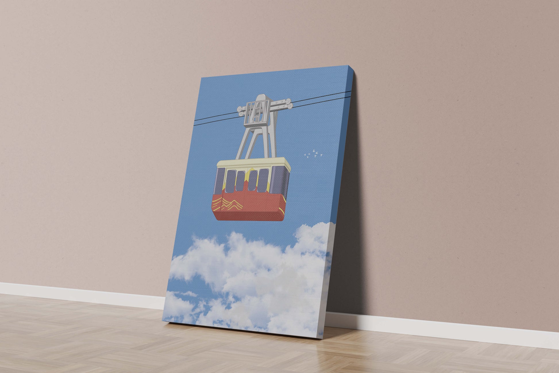 Colorful cable car against a clear blue sky