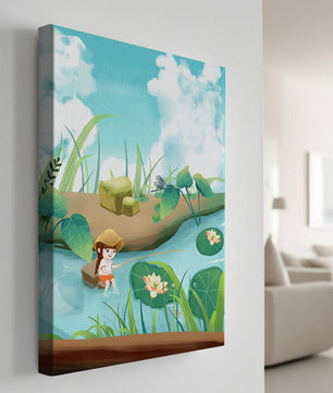 Ruhige Illustration eines Kindes, das an einem Teich mit Seerosen angelt