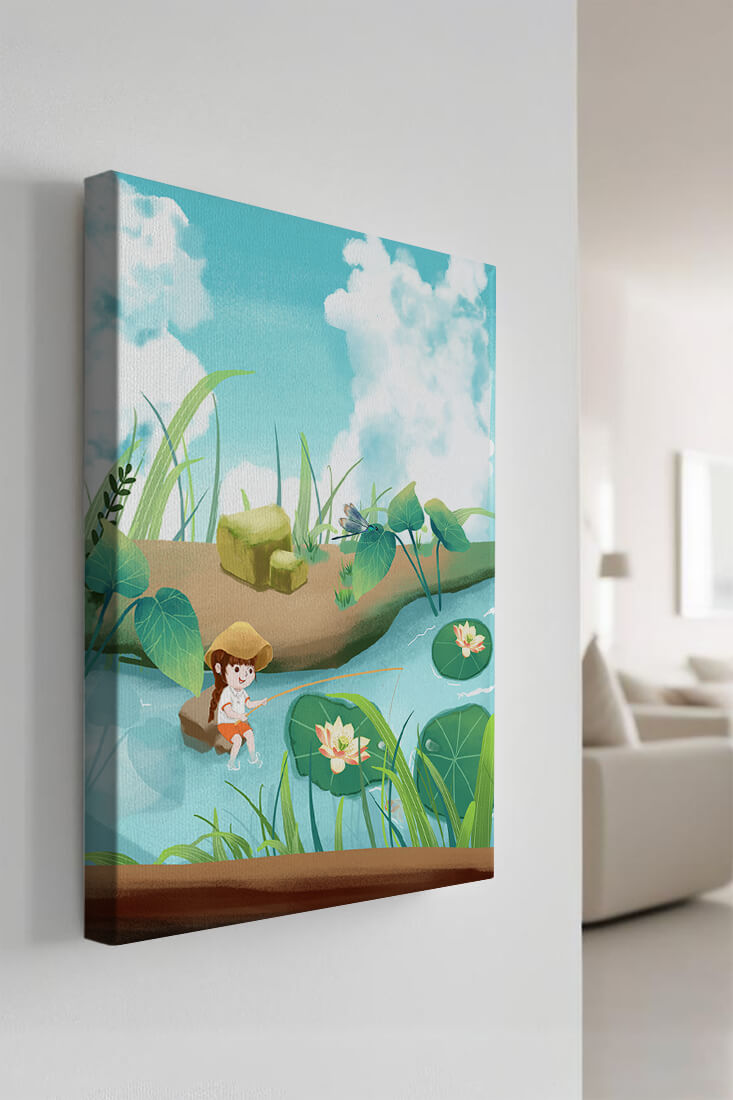 Ruhige Illustration eines Kindes, das an einem Teich mit Seerosen angelt