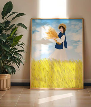 Young girl in a wheat field on a sunny day illustration
