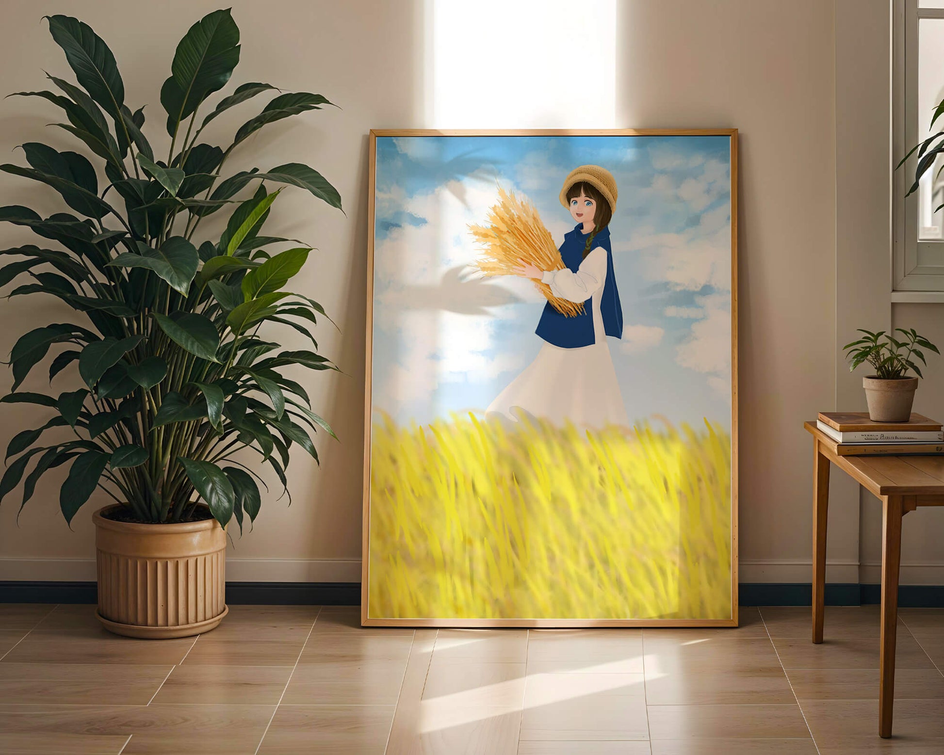 Young girl in a wheat field on a sunny day illustration