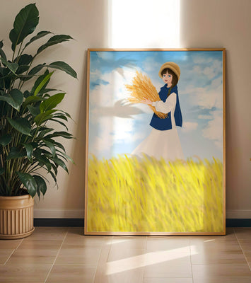 Young girl in a wheat field on a sunny day illustration