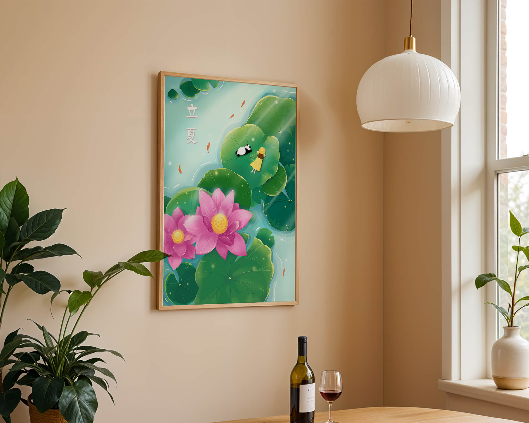 Girl and Panda Relaxing on Lily Pads with Pink Lotus and Goldfish