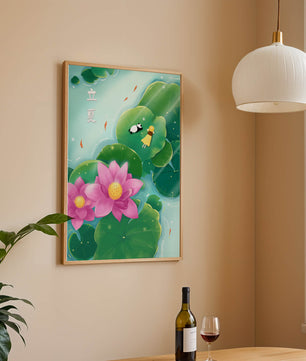 Girl and Panda Relaxing on Lily Pads with Pink Lotus and Goldfish