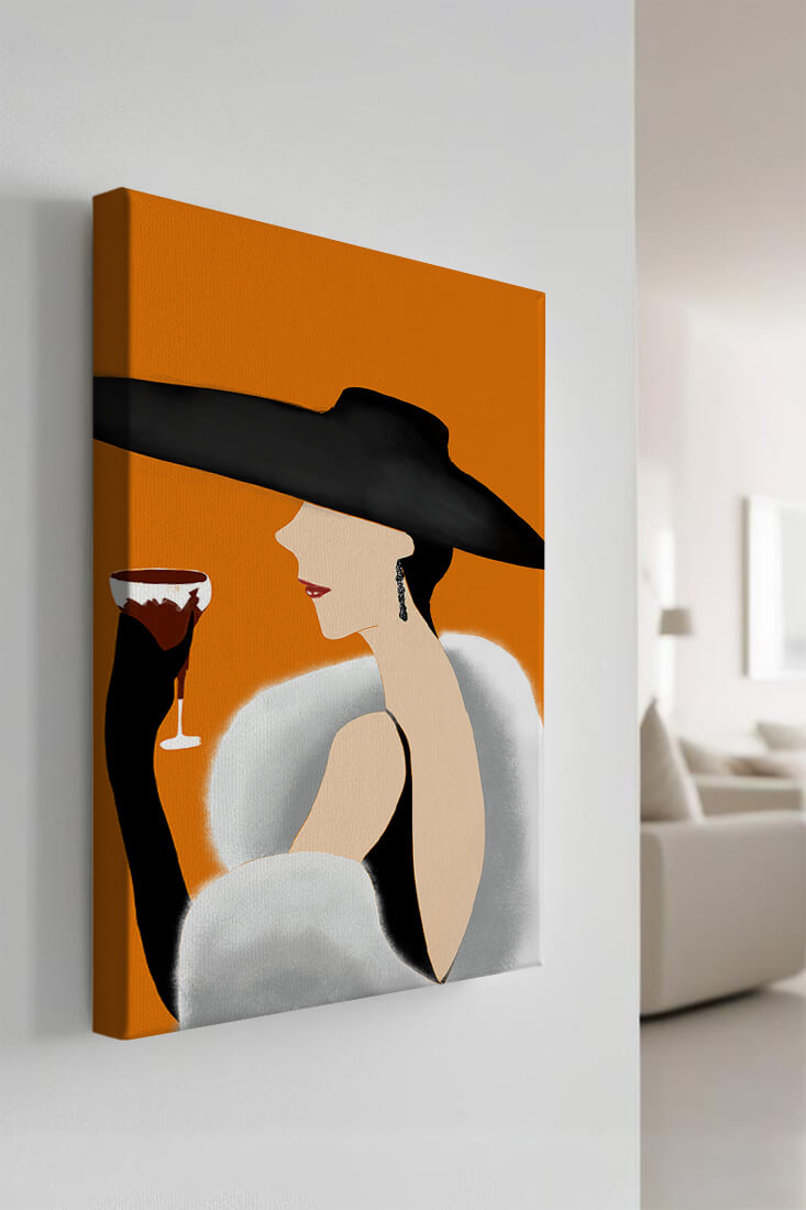 Elegant Woman in Black Hat and White Fur with Wine Glass