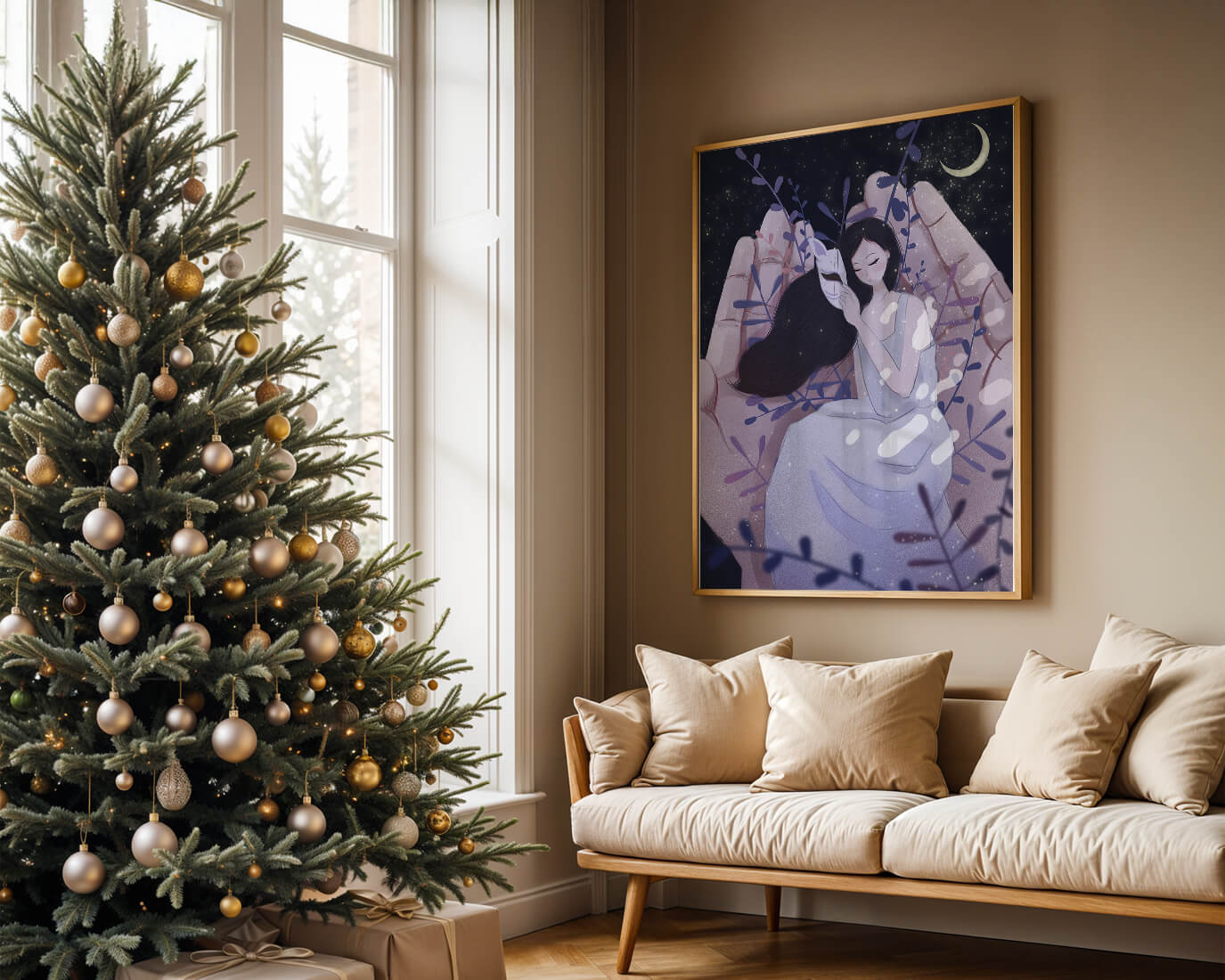 Un momento tierno bajo la luz de la luna con máscara y atmósfera onírica