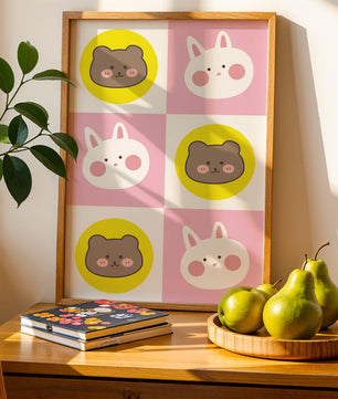 Diseño de patrones de animales juguetones con caras de osos y conejos en colores pastel