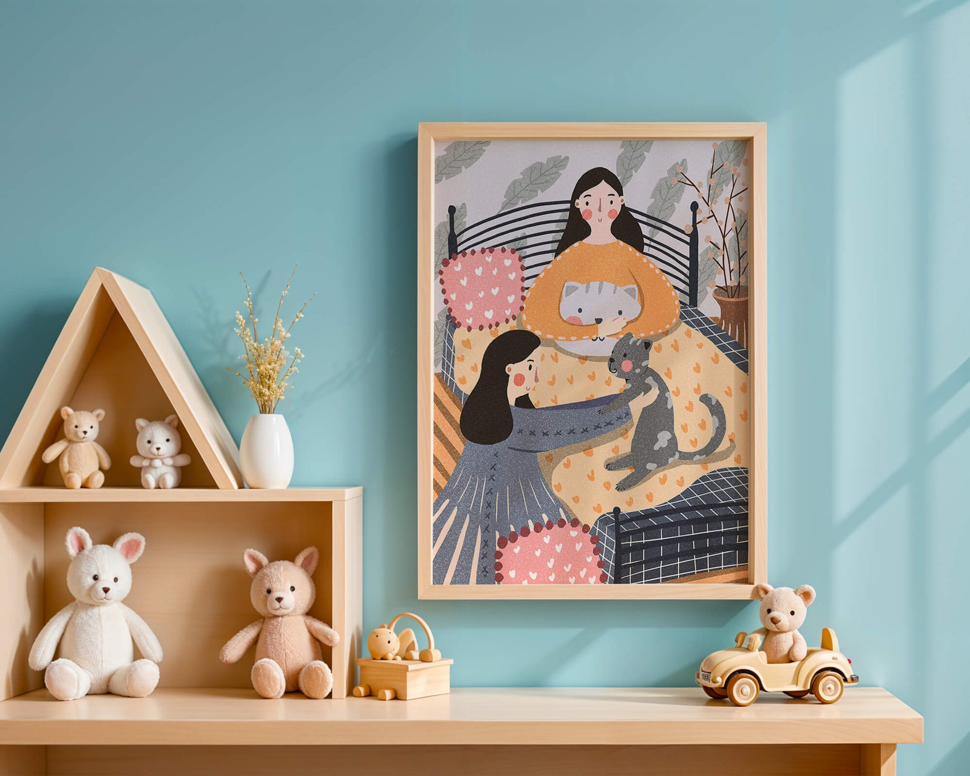 Escena interior acogedora con mujeres, gatos y elementos decorativos