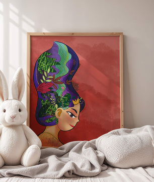 Colorful artistic portrait with nature-inspired hair design