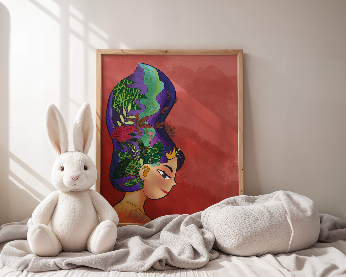 Colorful artistic portrait with nature-inspired hair design