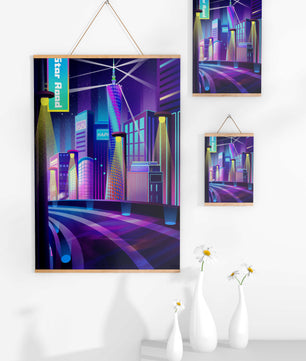 Futuristic Neon Cityscape with Illuminated Skyscrapers and Curved Road