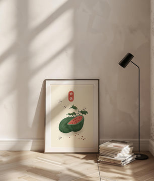 Watermelon With Dragonflies And Asian Script Minimalist Illustration - Mi tienda