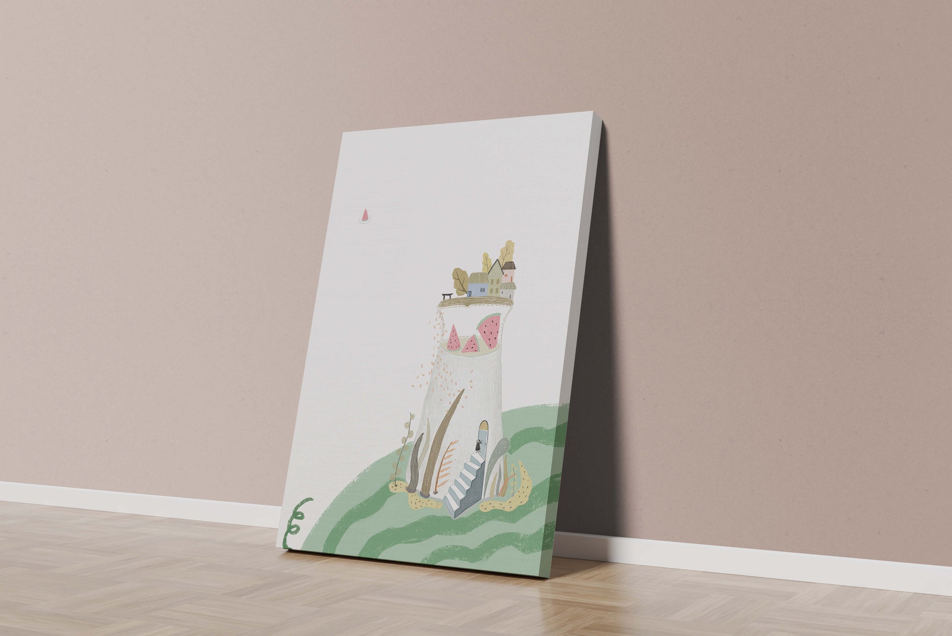Whimsical Landscape with Fantasy Village and Watermelon Elements