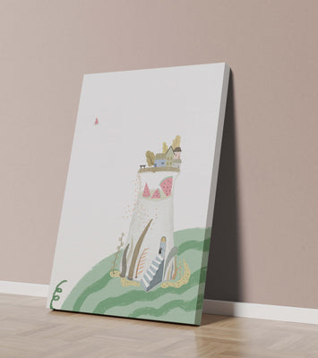 Whimsical Landscape with Fantasy Village and Watermelon Elements