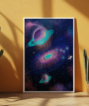 Colorful space illustration with planets and galaxy