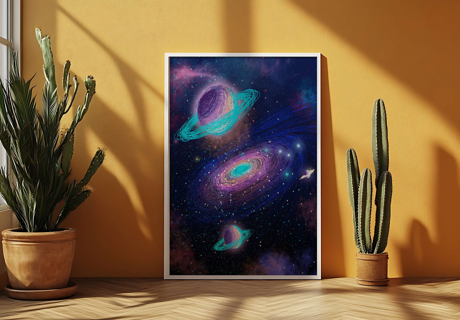 Colorful space illustration with planets and galaxy