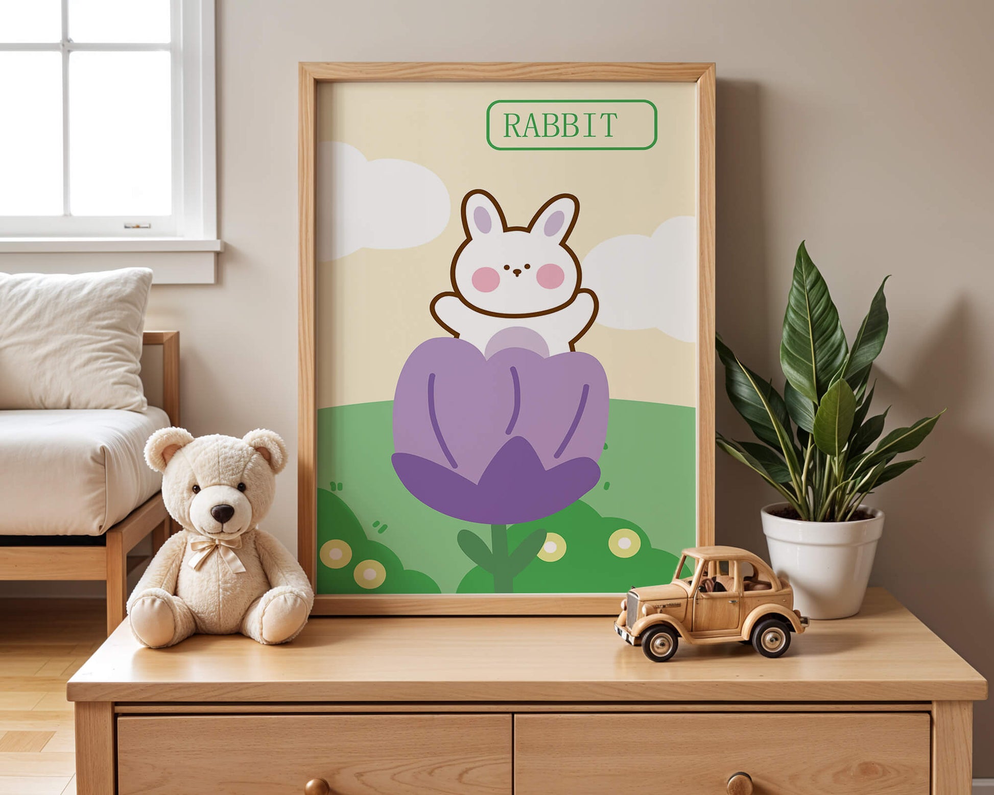 Ilustración caprichosa de un conejo adorable en una flor con colores pastel