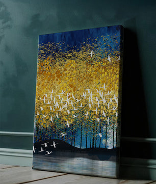 Vibrant Forest Landscape with Birds and Golden Leaves